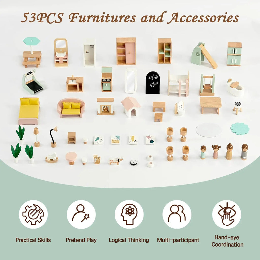 Joylike 53PCS Wooden Dollhouse - TIMBER TEACH